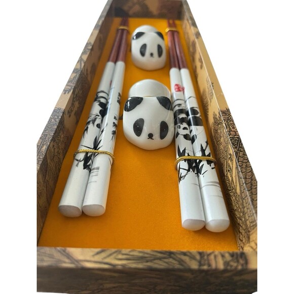Authentic Chinese Wooden Chopsticks Set with Panda Holders  New in box - Picture 3 of 10